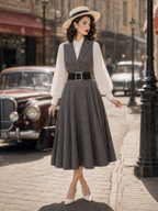 Vintage 1950s Grey Plaid Blazer Collar Fake Two‑Piece Midi Dress