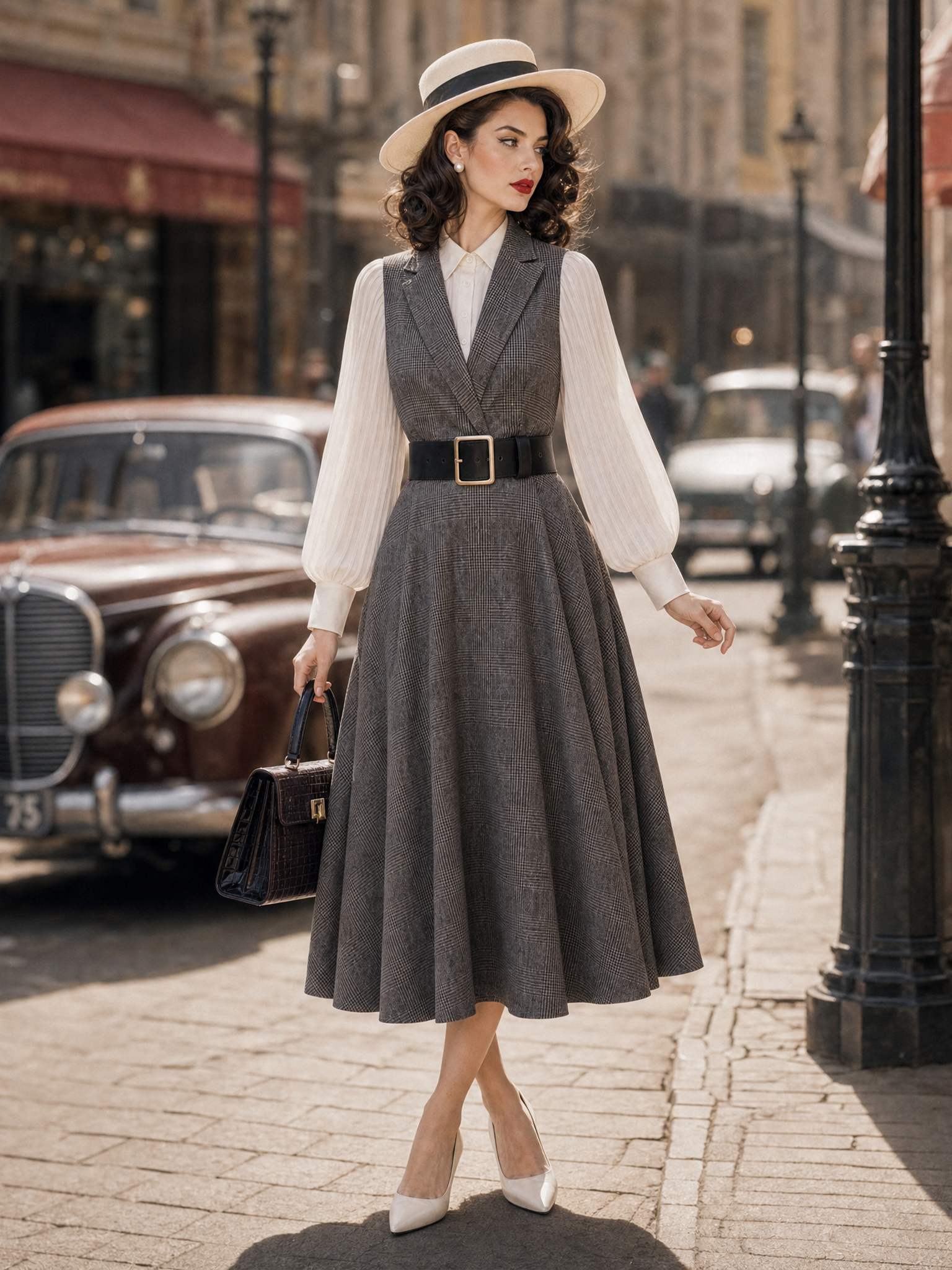 Vintage 1950s Grey Plaid Blazer Collar Fake Two‑Piece Midi Dress