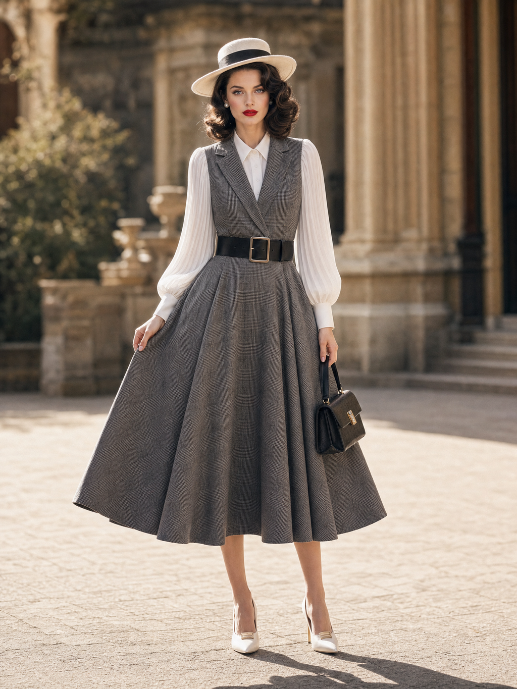 Vintage 1950s Grey Plaid Blazer Collar Fake Two‑Piece Midi Dress