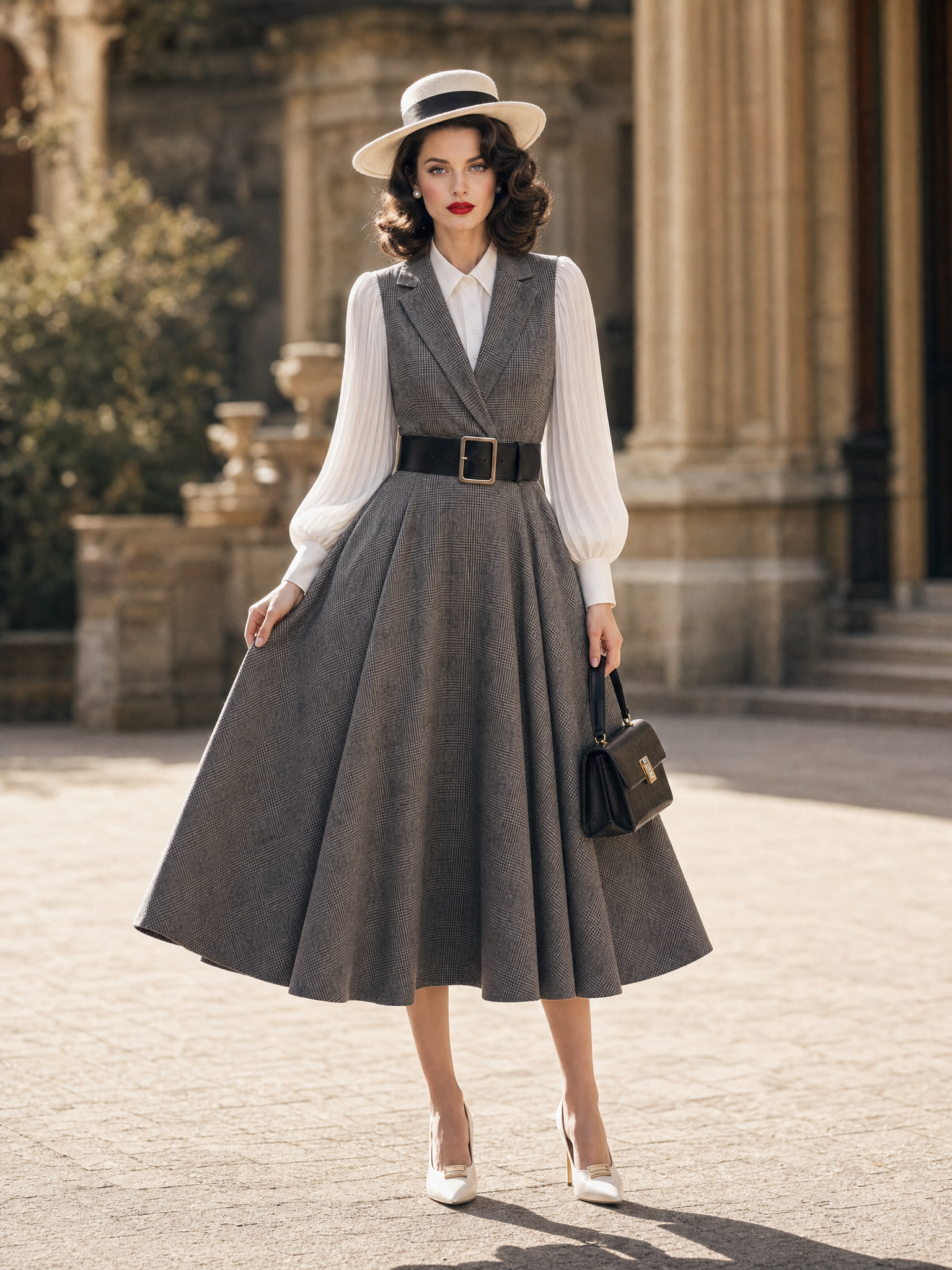 Vintage 1950s Grey Plaid Blazer Collar Fake Two‑Piece Midi Dress