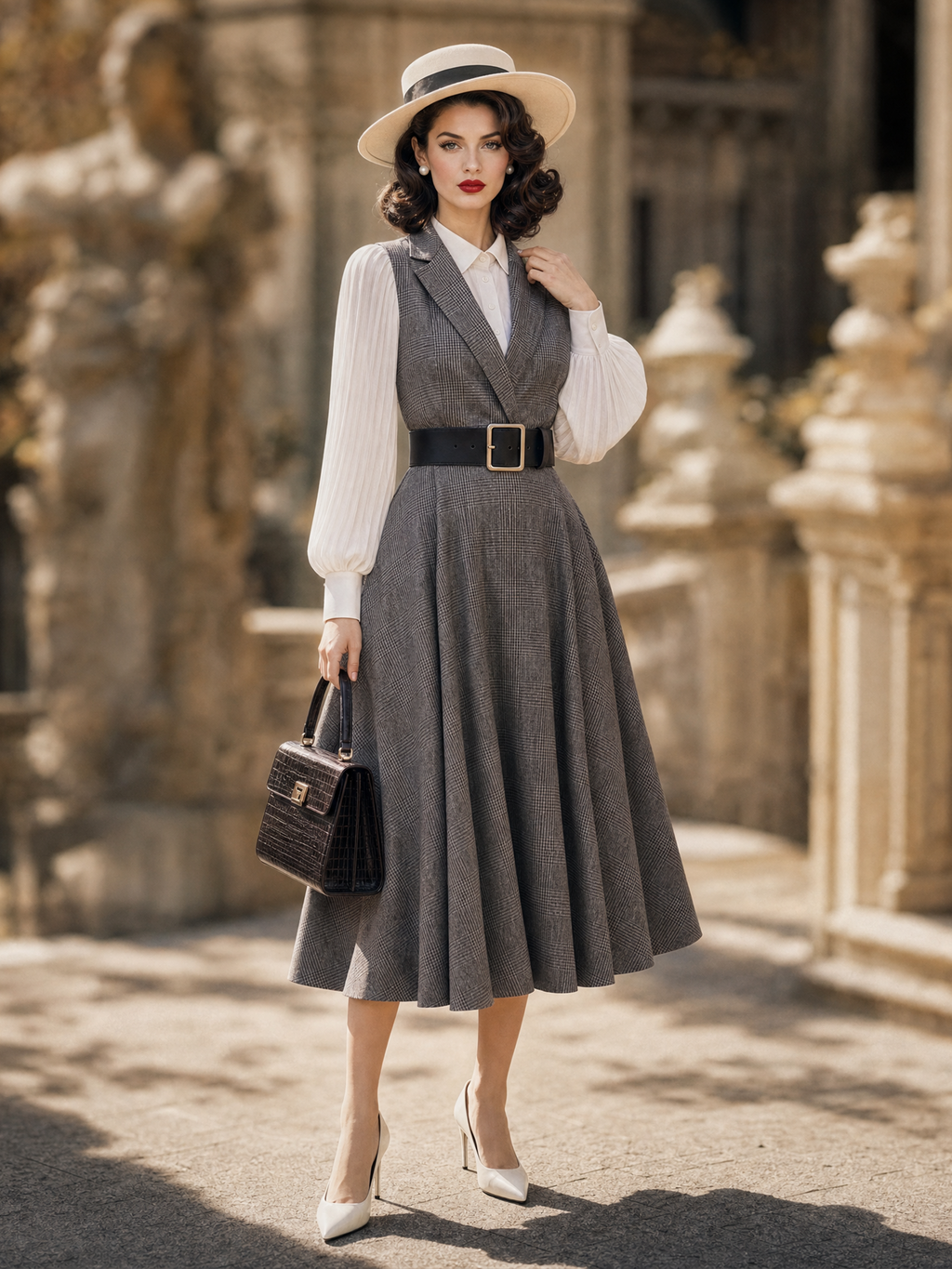 Vintage 1950s Grey Plaid Blazer Collar Fake Two‑Piece Midi Dress