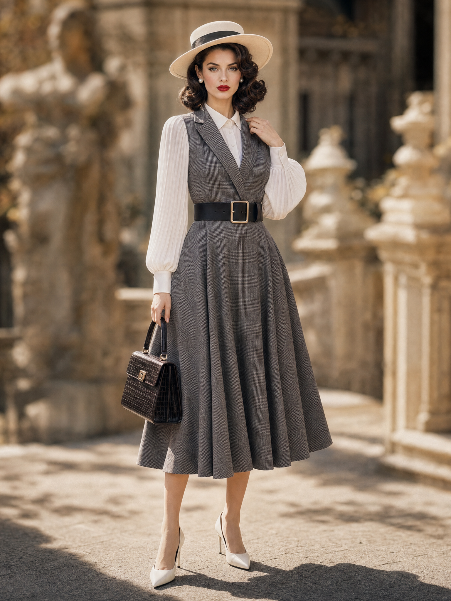 Vintage 1950s Grey Plaid Blazer Collar Fake Two‑Piece Midi Dress