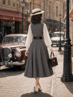 Vintage 1950s Grey Plaid Blazer Collar Fake Two‑Piece Midi Dress