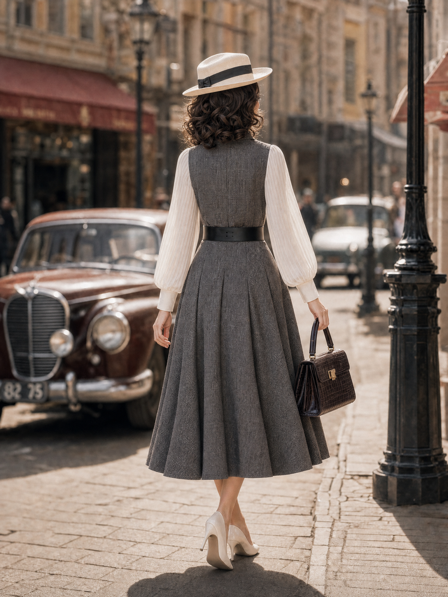 Vintage 1950s Grey Plaid Blazer Collar Fake Two‑Piece Midi Dress