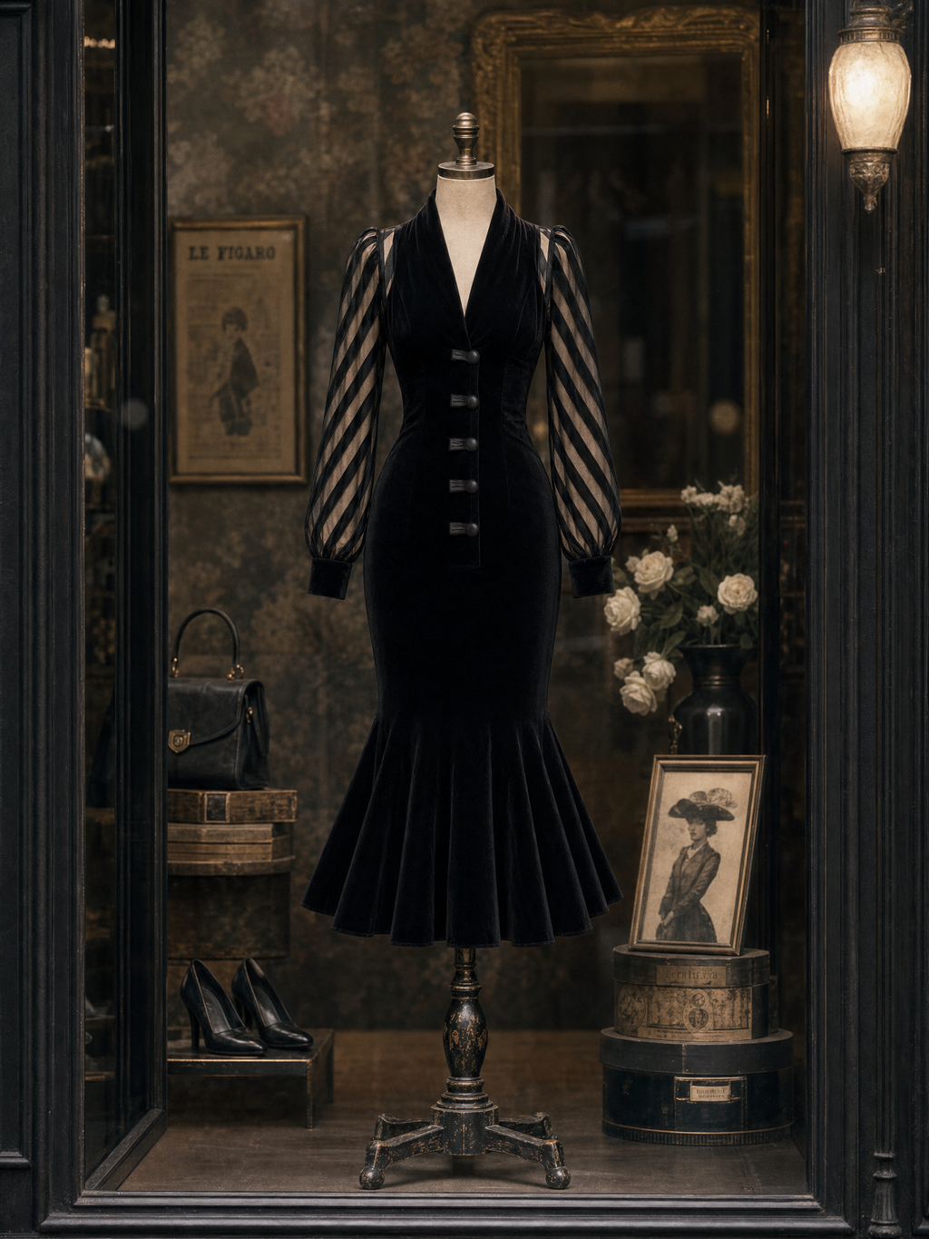 Vintage Striped Spliced Velvet Fishtail Midi Dress