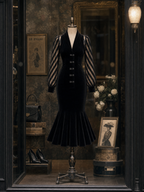 Vintage Striped Spliced Velvet Fishtail Midi Dress
