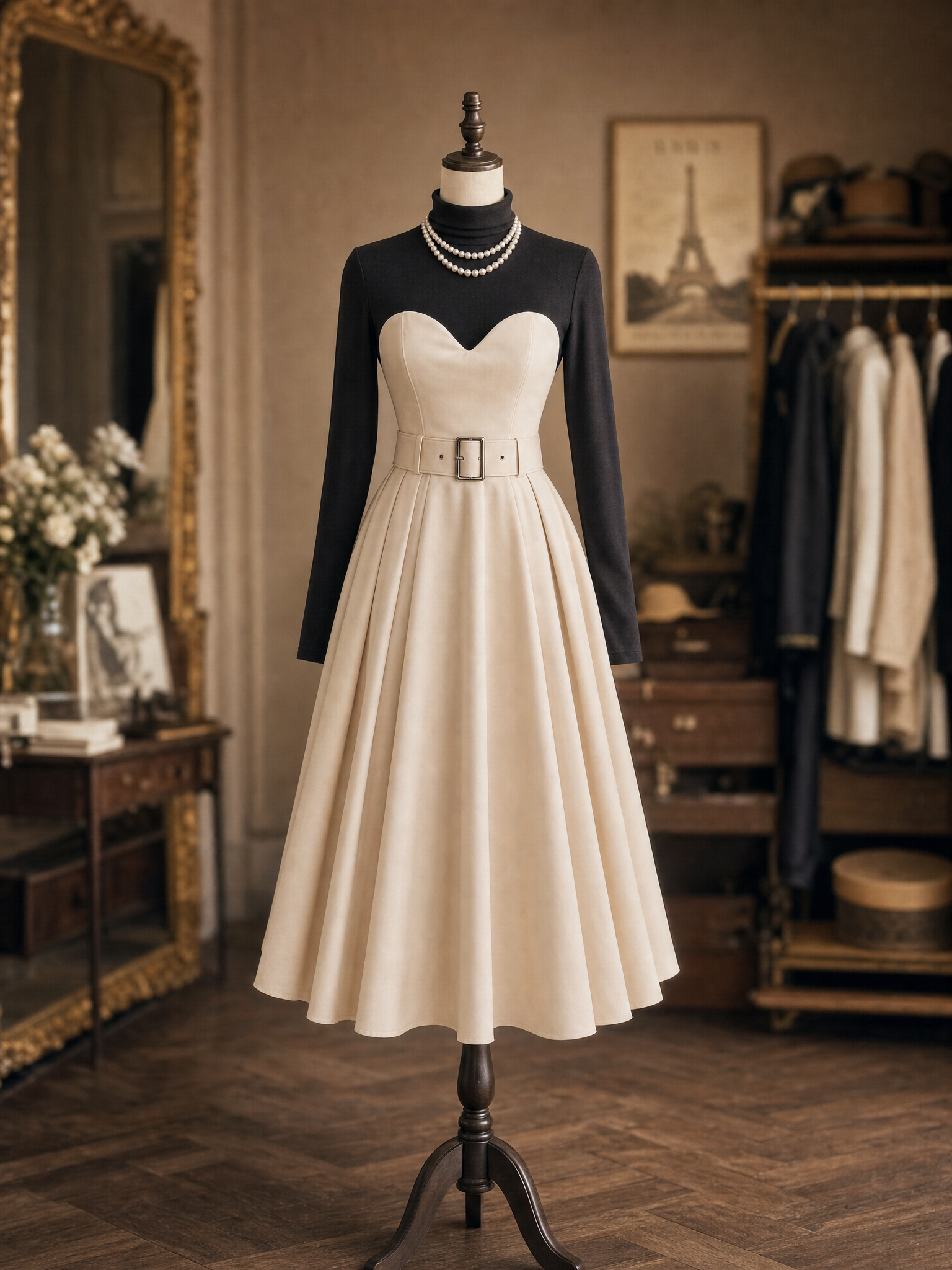 Vintage 1950s Beige Sweetheart Fake Two‑Piece Turtleneck Midi Dress