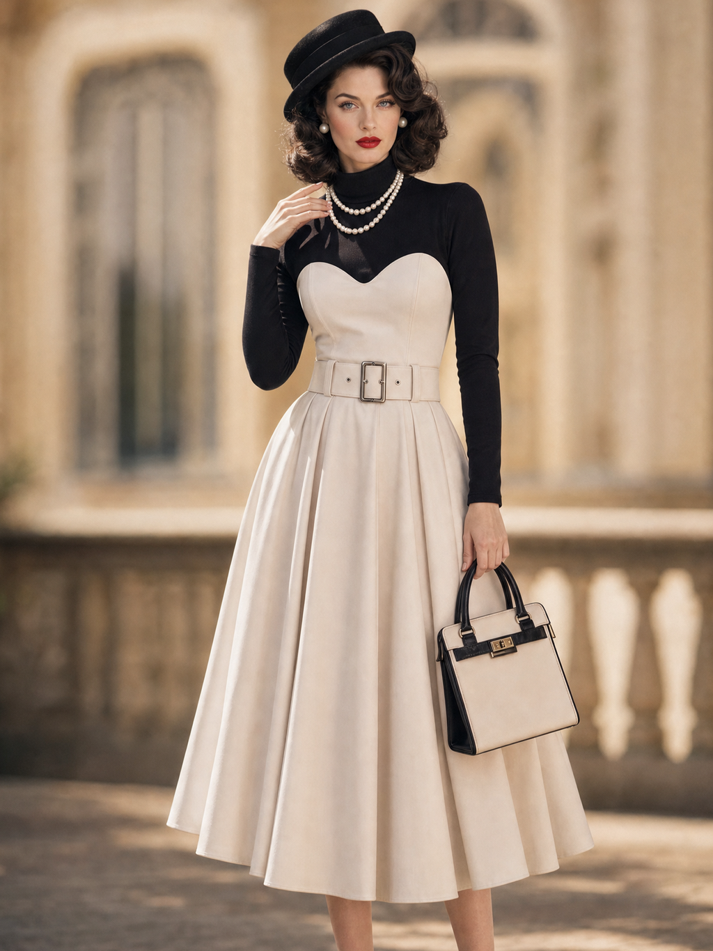 Vintage 1950s Beige Sweetheart Fake Two‑Piece Turtleneck Midi Dress