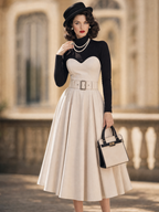 Vintage 1950s Beige Sweetheart Fake Two‑Piece Turtleneck Midi Dress