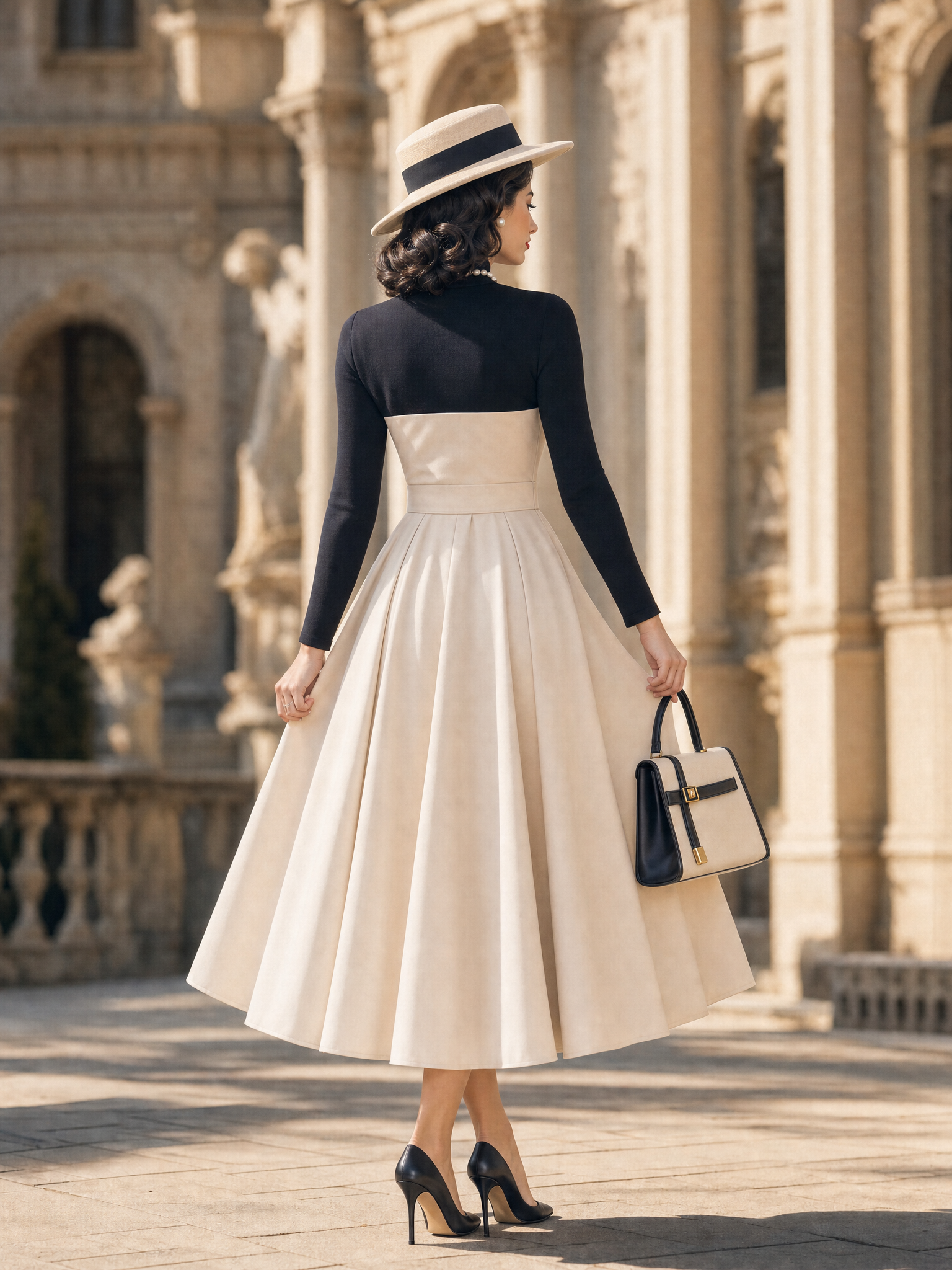 Vintage 1950s Beige Sweetheart Fake Two‑Piece Turtleneck Midi Dress