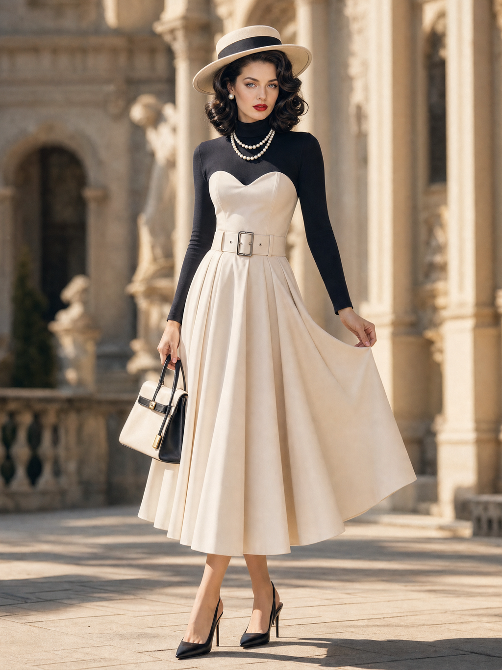 Vintage 1950s Beige Sweetheart Fake Two‑Piece Turtleneck Midi Dress