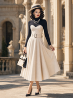 Vintage 1950s Beige Sweetheart Fake Two‑Piece Turtleneck Midi Dress