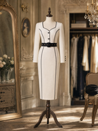 Vintage 1950s White Contrast Piping Long Sleeve Heart Neck Pencil Midi Dress