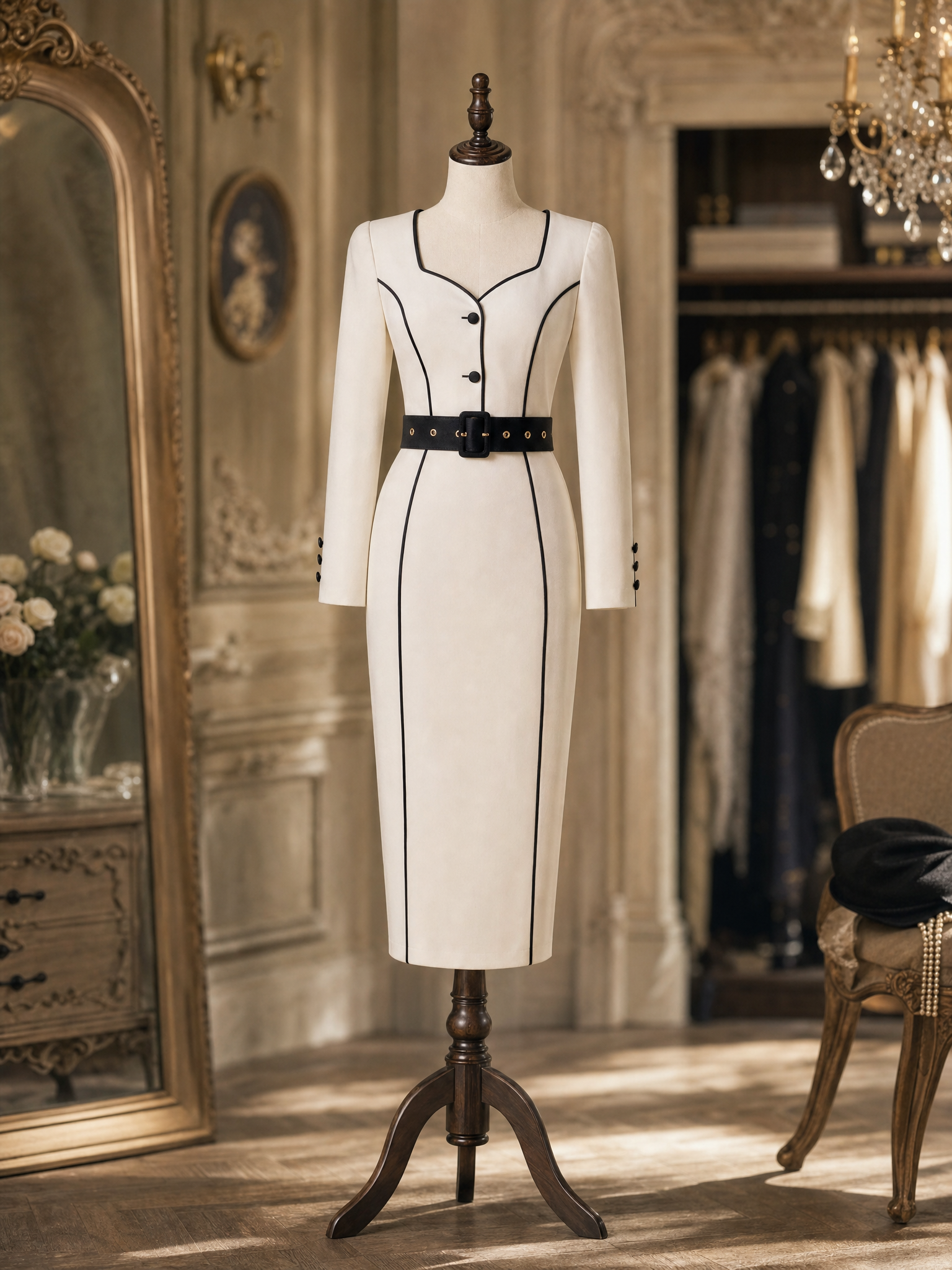 Vintage 1950s White Contrast Piping Long Sleeve Heart Neck Pencil Midi Dress