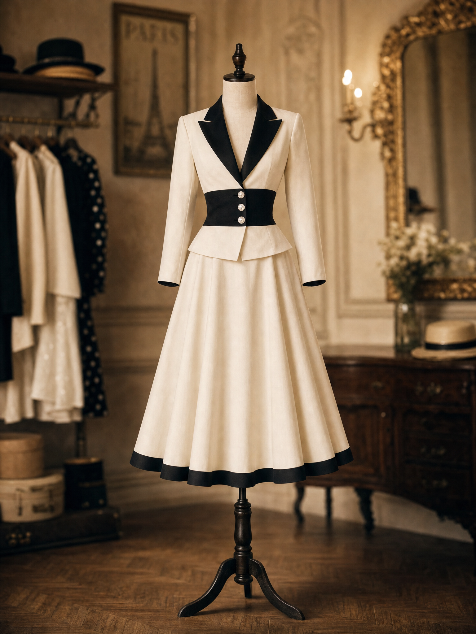 Vintage Lapel Blazer Pearl Button Waistband Midi Skirt Two‑Piece Set