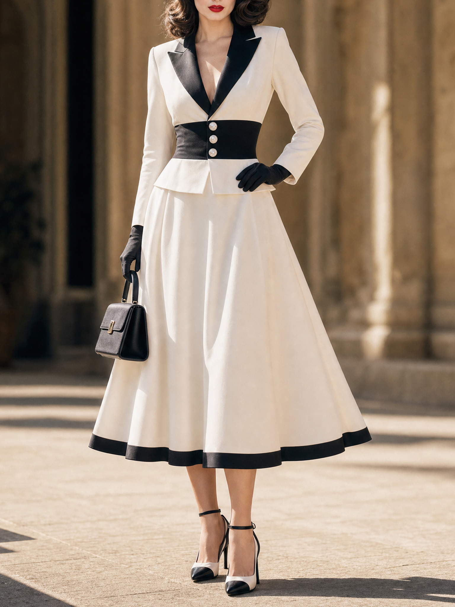 Vintage Lapel Blazer Pearl Button Waistband Midi Skirt Two‑Piece Set