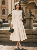 Vintage 1950s Cream Round Neck Puff Shoulder Fit And Flare Midi Dress