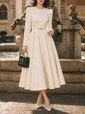 Vintage 1950s Cream Round Neck Puff Shoulder Fit And Flare Midi Dress