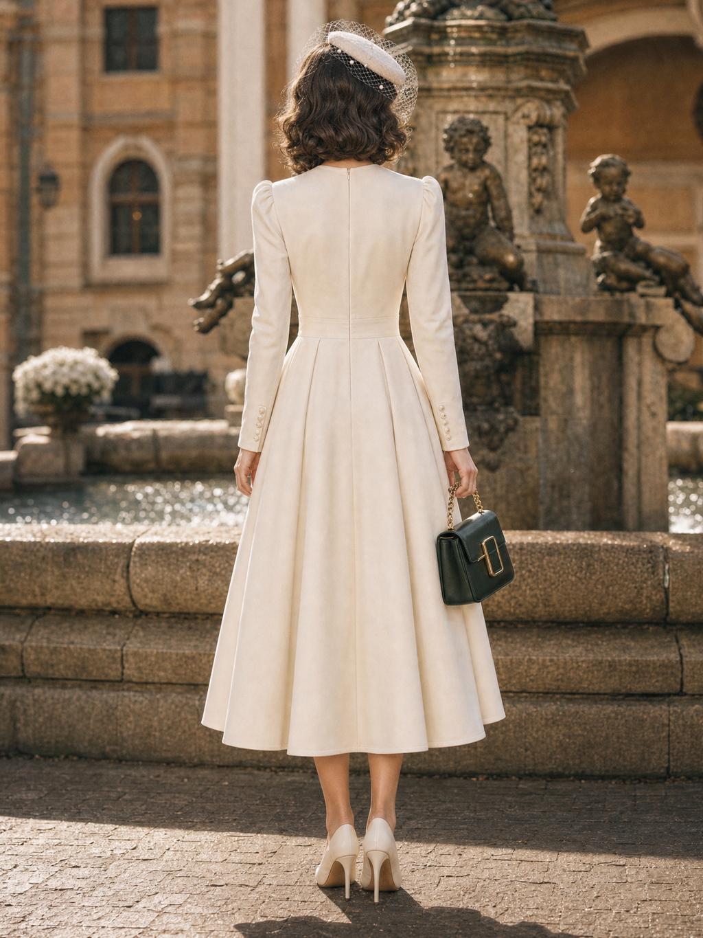 Vintage 1950s Cream Round Neck Puff Shoulder Fit And Flare Midi Dress