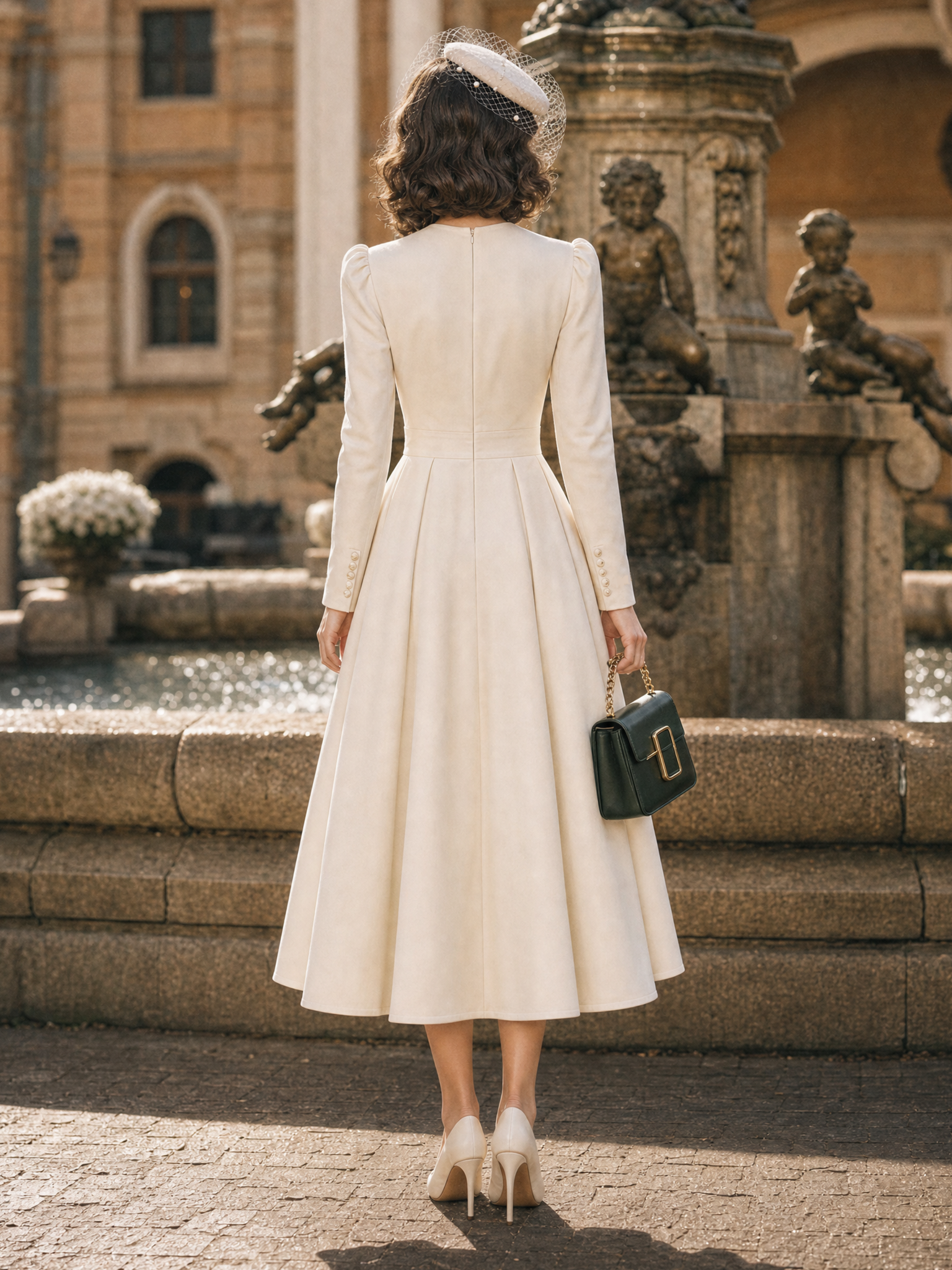 Vintage 1950s Cream Round Neck Puff Shoulder Fit And Flare Midi Dress