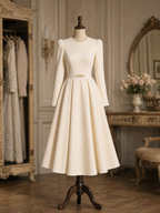 Vintage 1950s Cream Round Neck Puff Shoulder Fit And Flare Midi Dress