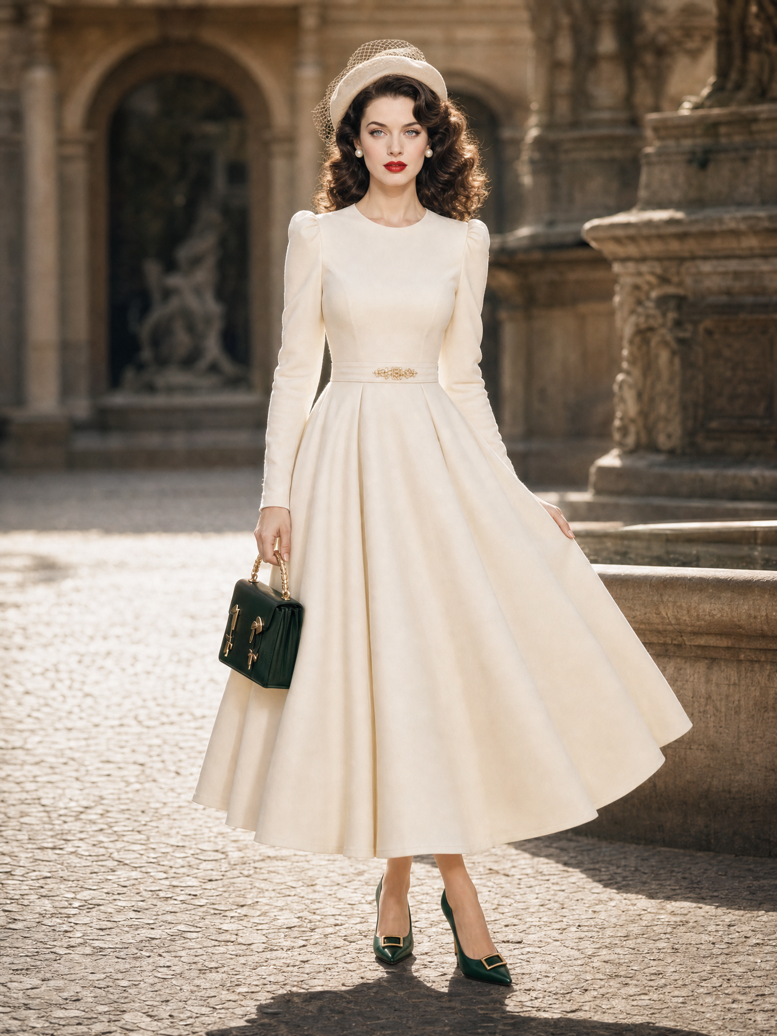 Vintage 1950s Cream Round Neck Puff Shoulder Fit And Flare Midi Dress
