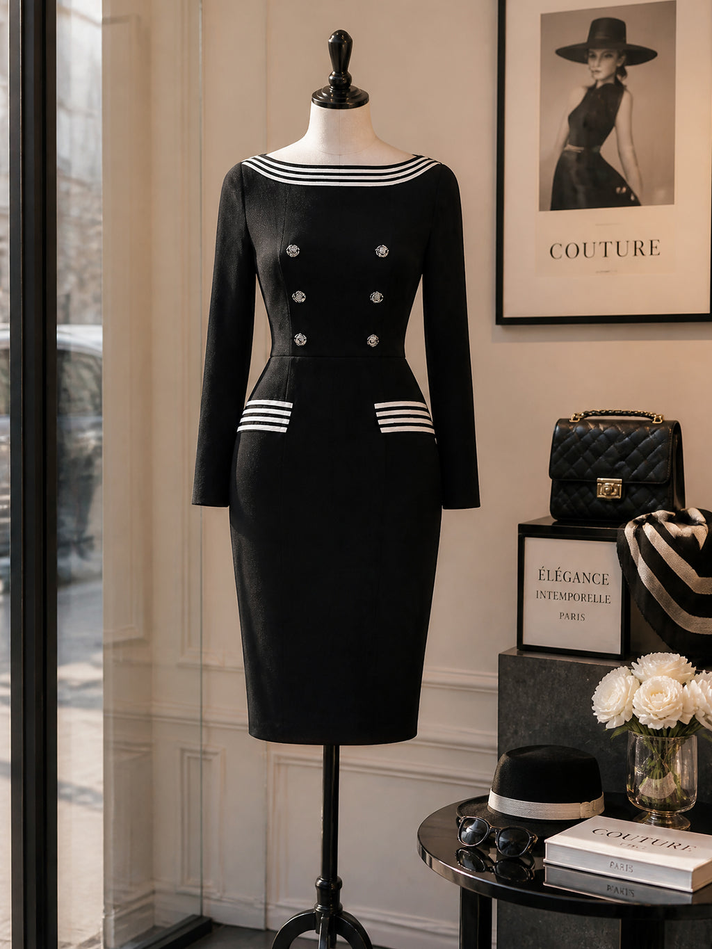 Vintage Black White-Stripe Boat-Neck Double-Breasted Knit Dress