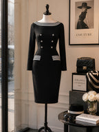 Vintage Black White-Stripe Boat-Neck Double-Breasted Knit Dress