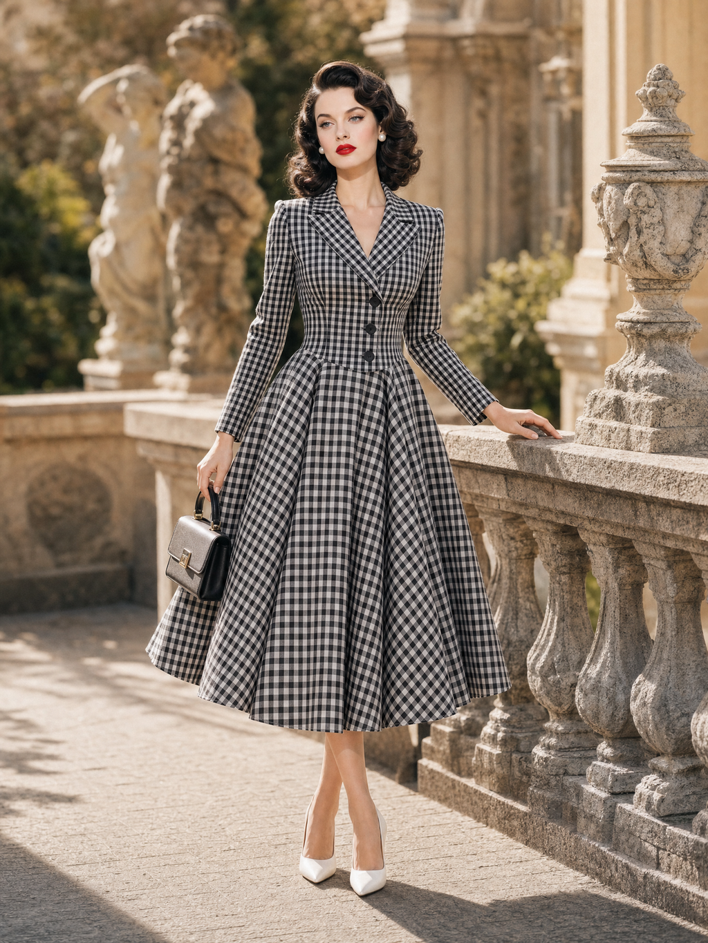 Vintage 1950s Black White Gingham Blazer Collar Fit And Flare Midi Dress