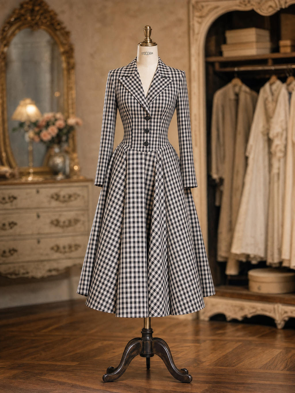 Vintage 1950s Black White Gingham Blazer Collar Fit And Flare Midi Dress