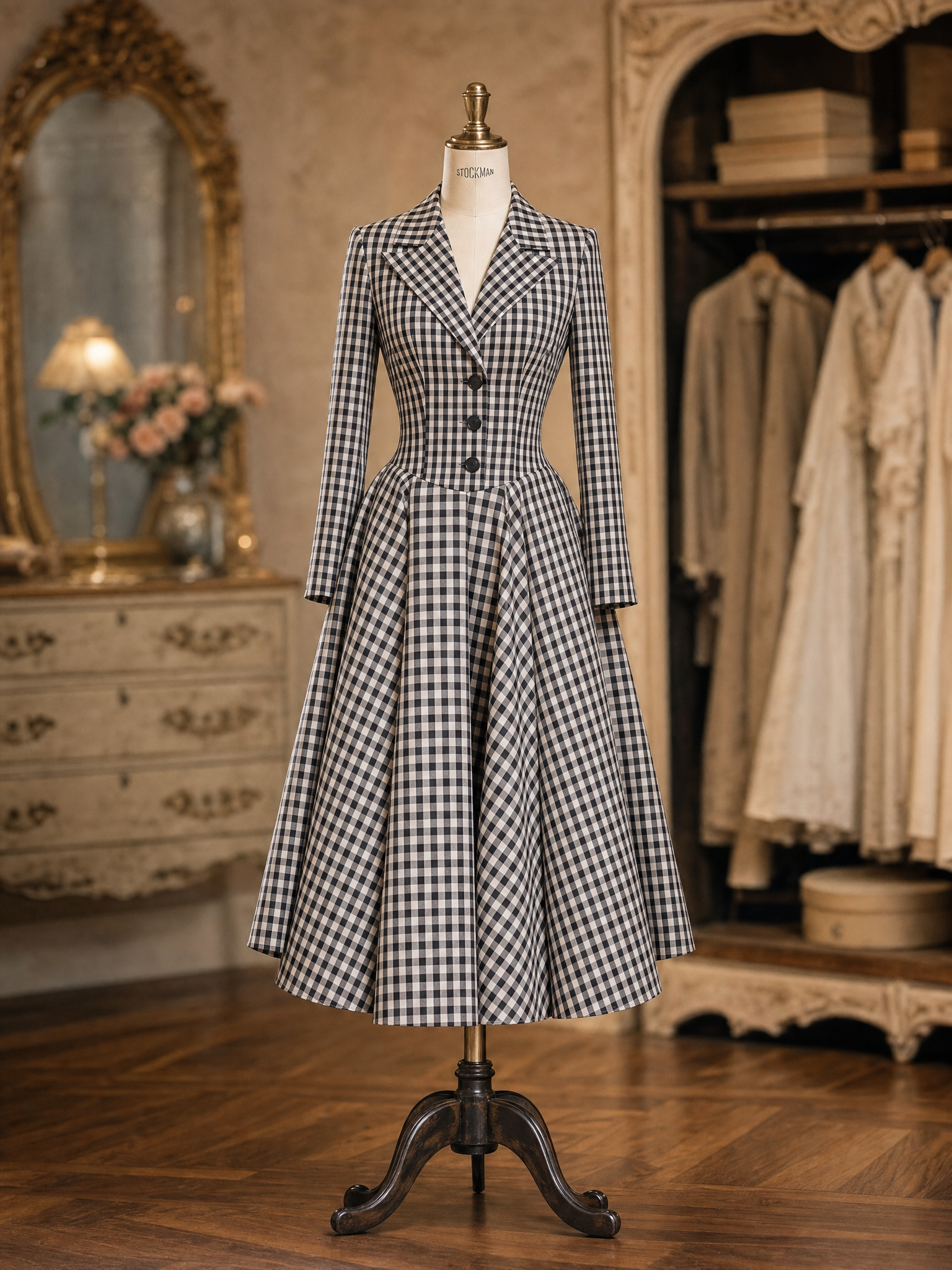 Vintage 1950s Black White Gingham Blazer Collar Fit And Flare Midi Dress
