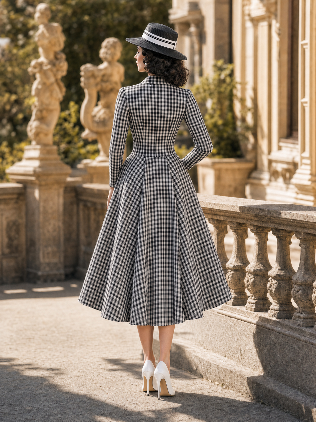 Vintage 1950s Black White Gingham Blazer Collar Fit And Flare Midi Dress