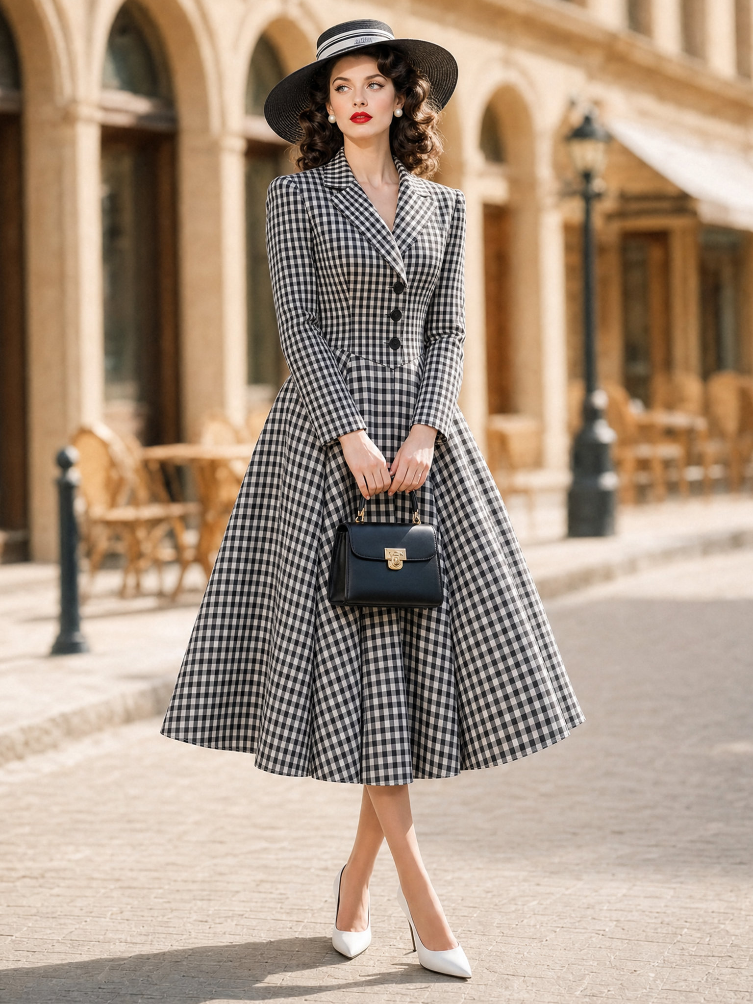 Vintage 1950s Black White Gingham Blazer Collar Fit And Flare Midi Dress