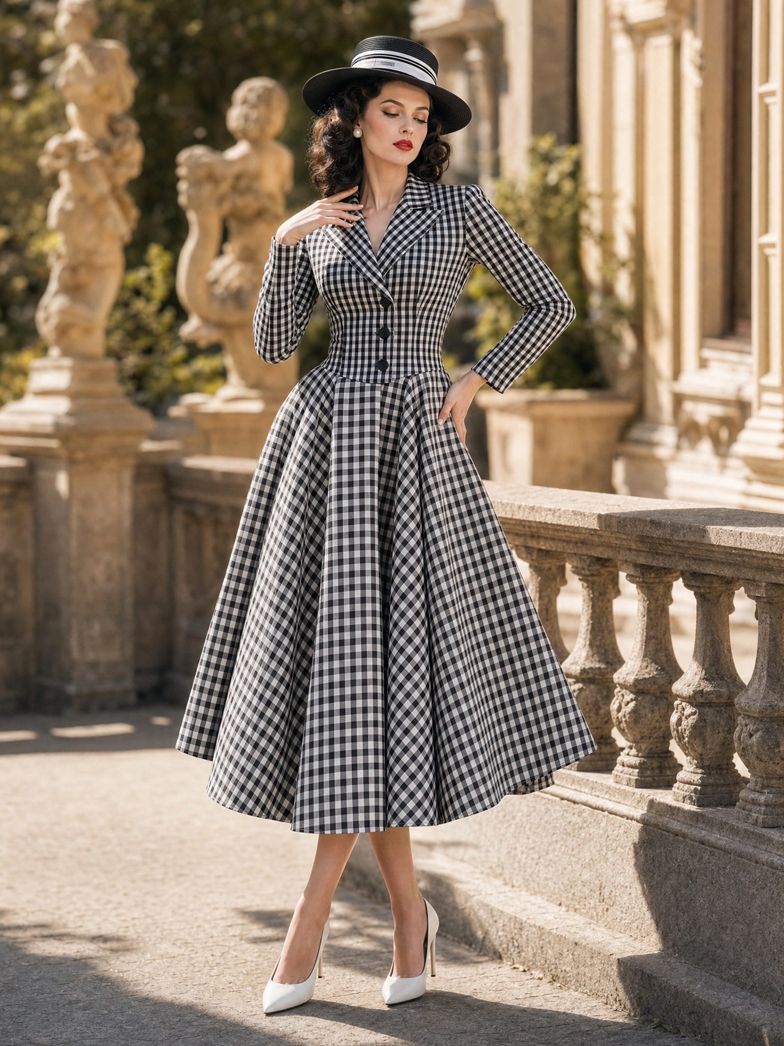 Vintage 1950s Black White Gingham Blazer Collar Fit And Flare Midi Dress