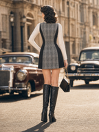 Vintage 1960s Grey Plaid Sleeveless Pinafore Mini Dress & Turtleneck Top Two‑Piece Set