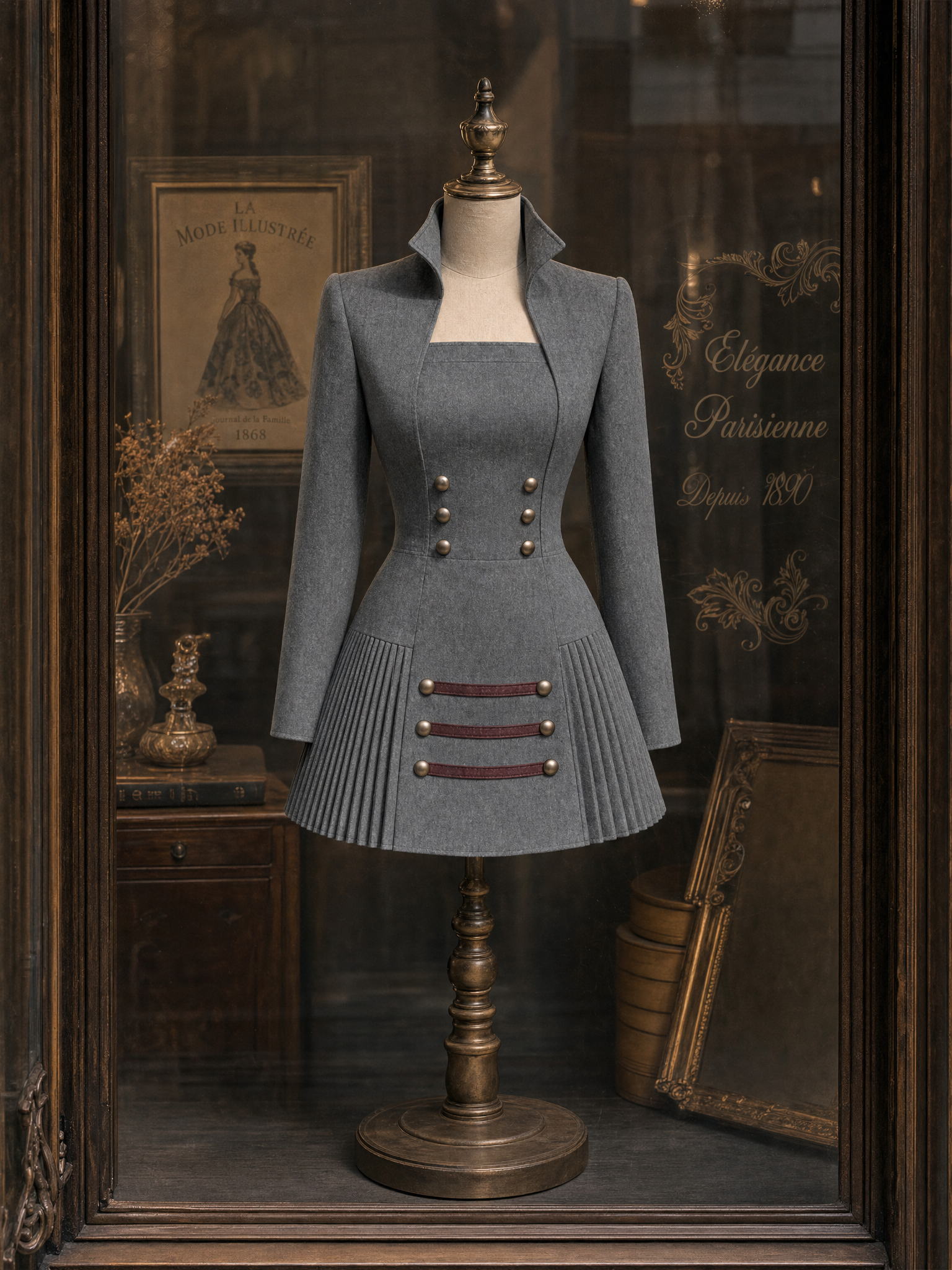 Vintage Pleated Spliced Color‑block Thin Wool Mini Dress