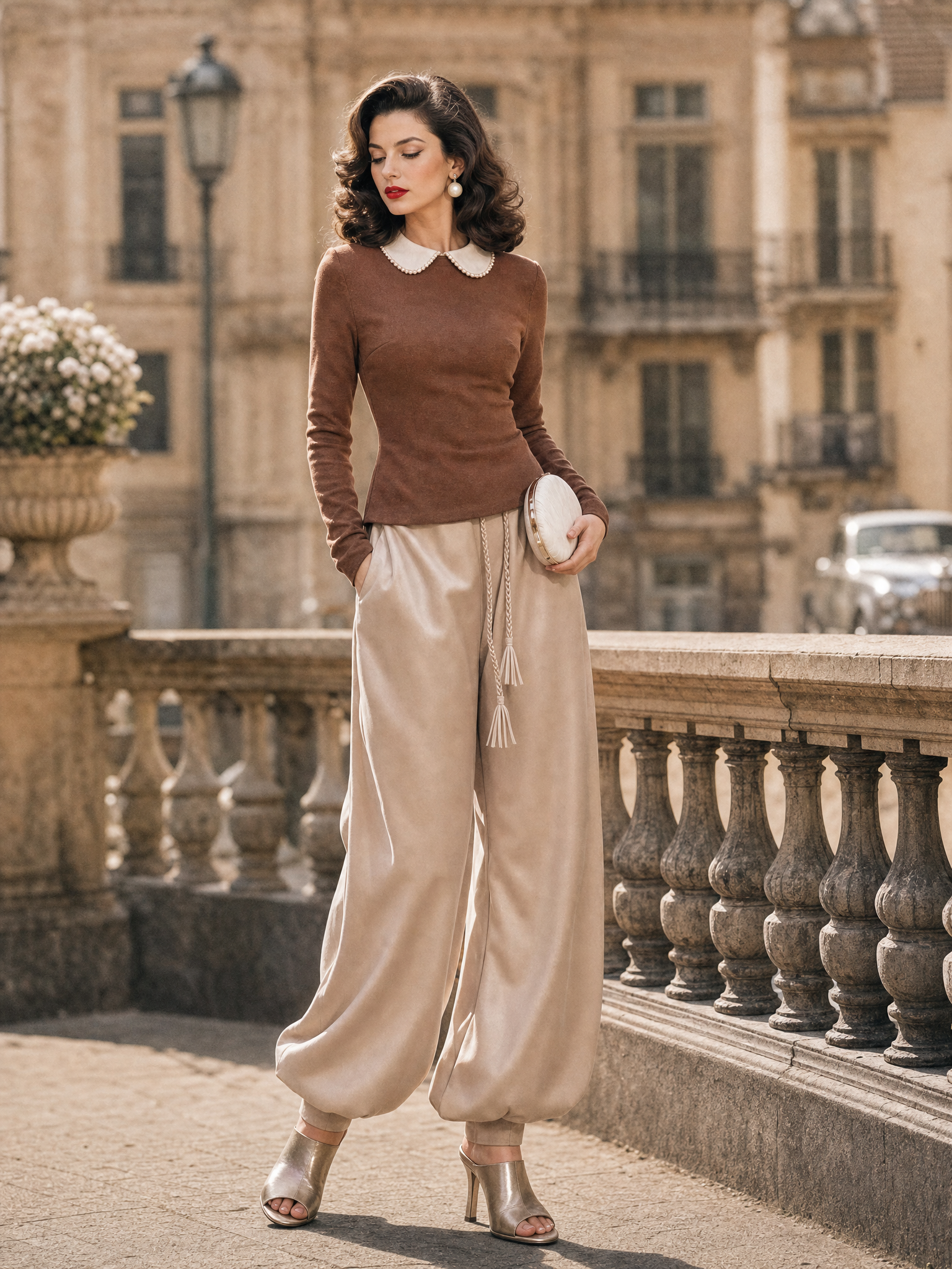 Vintage Peter Pan Collar Knit Top & Drawstring Harem Pants Set