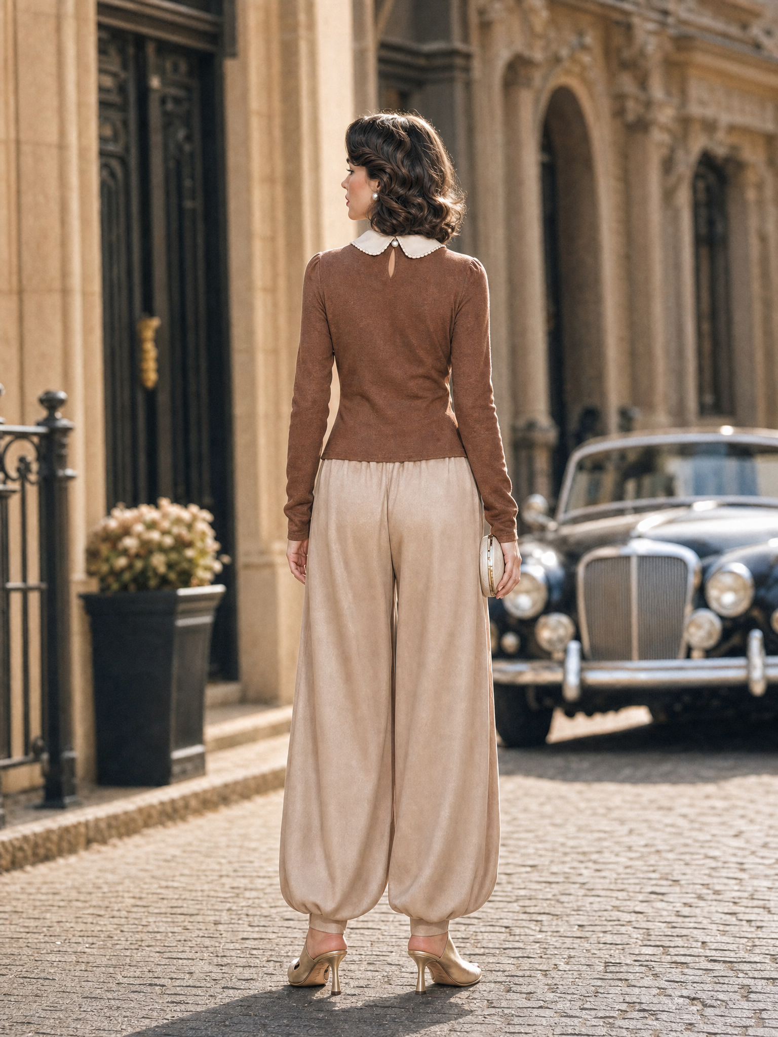 Vintage Peter Pan Collar Knit Top & Drawstring Harem Pants Set