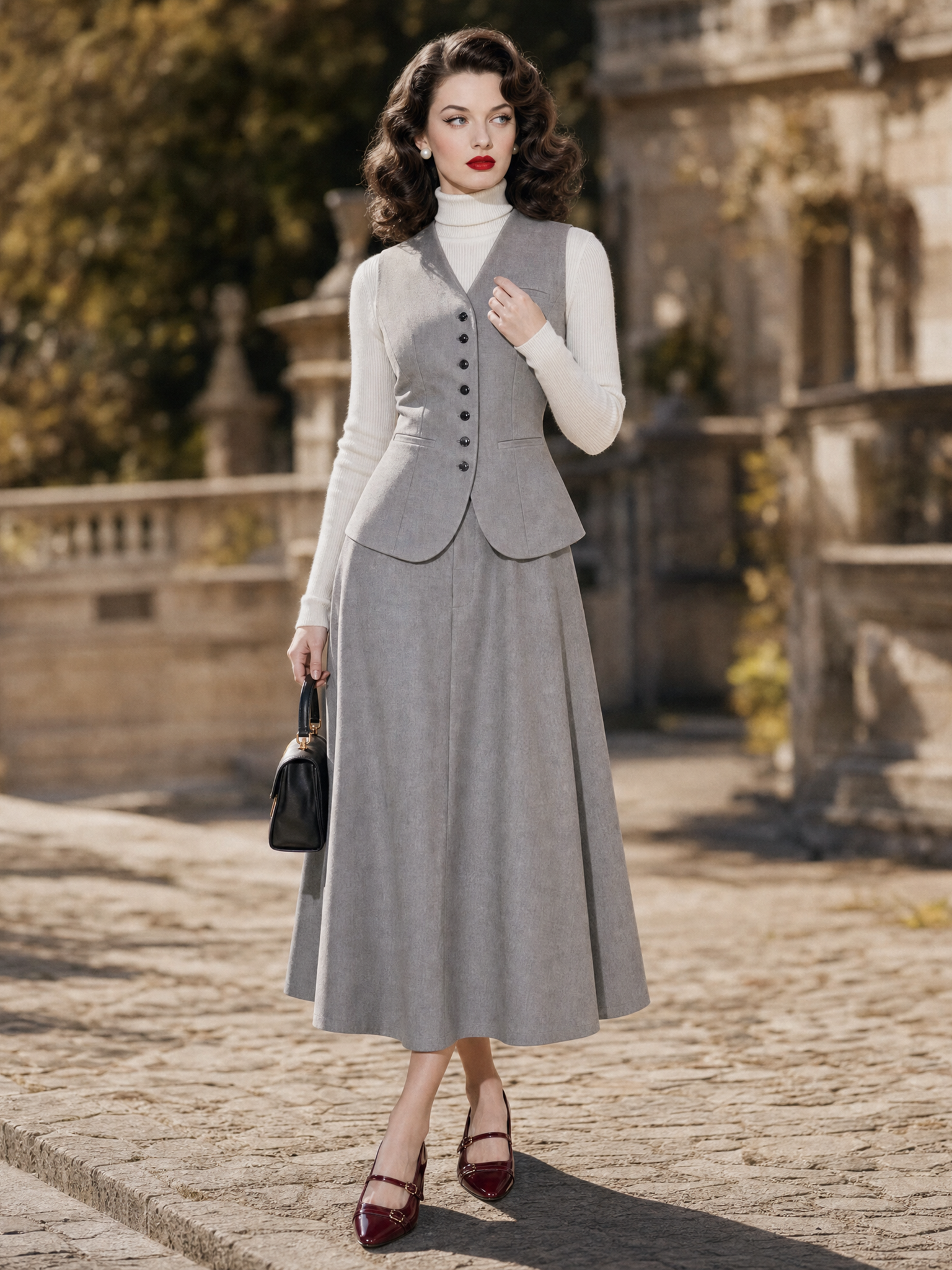 Vintage 1950s Grey V‑Neck Waistcoat And A‑Line Midi Skirt Two‑Piece Set