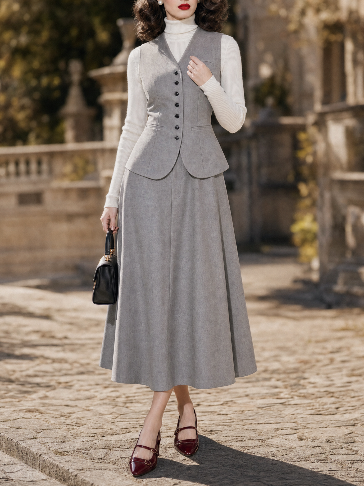 Vintage 1950s Grey V‑Neck Waistcoat And A‑Line Midi Skirt Two‑Piece Set