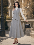 Vintage 1950s Grey V‑Neck Waistcoat And A‑Line Midi Skirt Two‑Piece Set