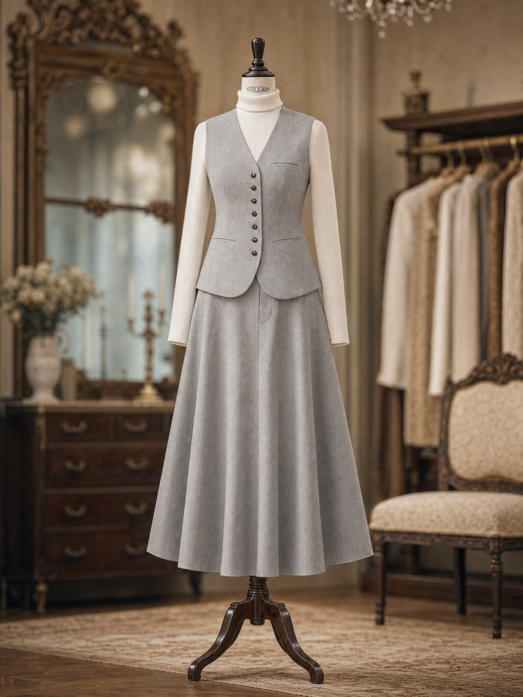 Vintage 1950s Grey V‑Neck Waistcoat And A‑Line Midi Skirt Two‑Piece Set