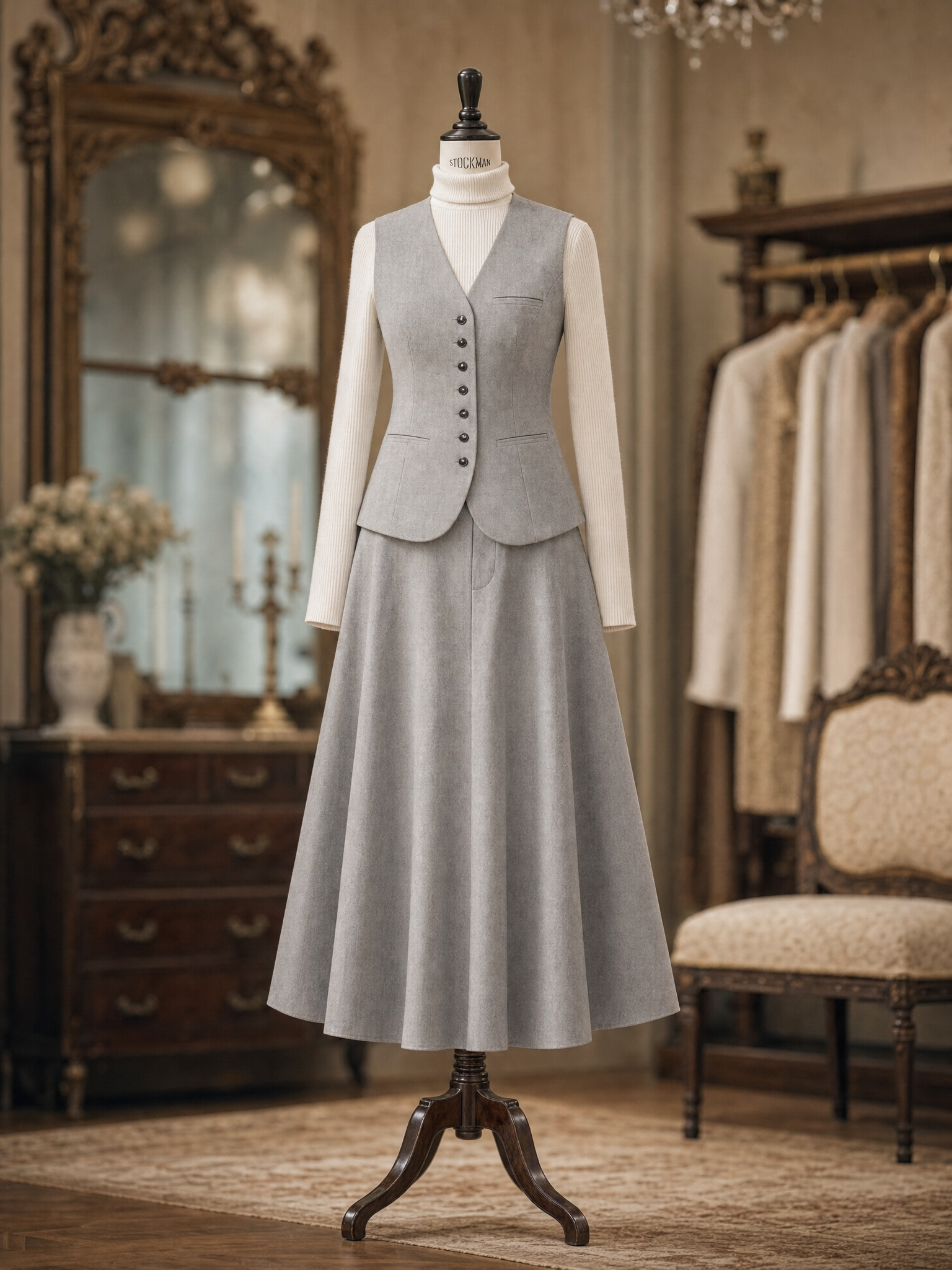 Vintage 1950s Grey V‑Neck Waistcoat And A‑Line Midi Skirt Two‑Piece Set