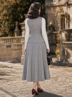 Vintage 1950s Grey V‑Neck Waistcoat And A‑Line Midi Skirt Two‑Piece Set