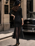 Vintage Black Glitter Bow-Neck Pleated Fishtail Knit Dress