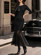 Vintage Black Glitter Bow-Neck Pleated Fishtail Knit Dress