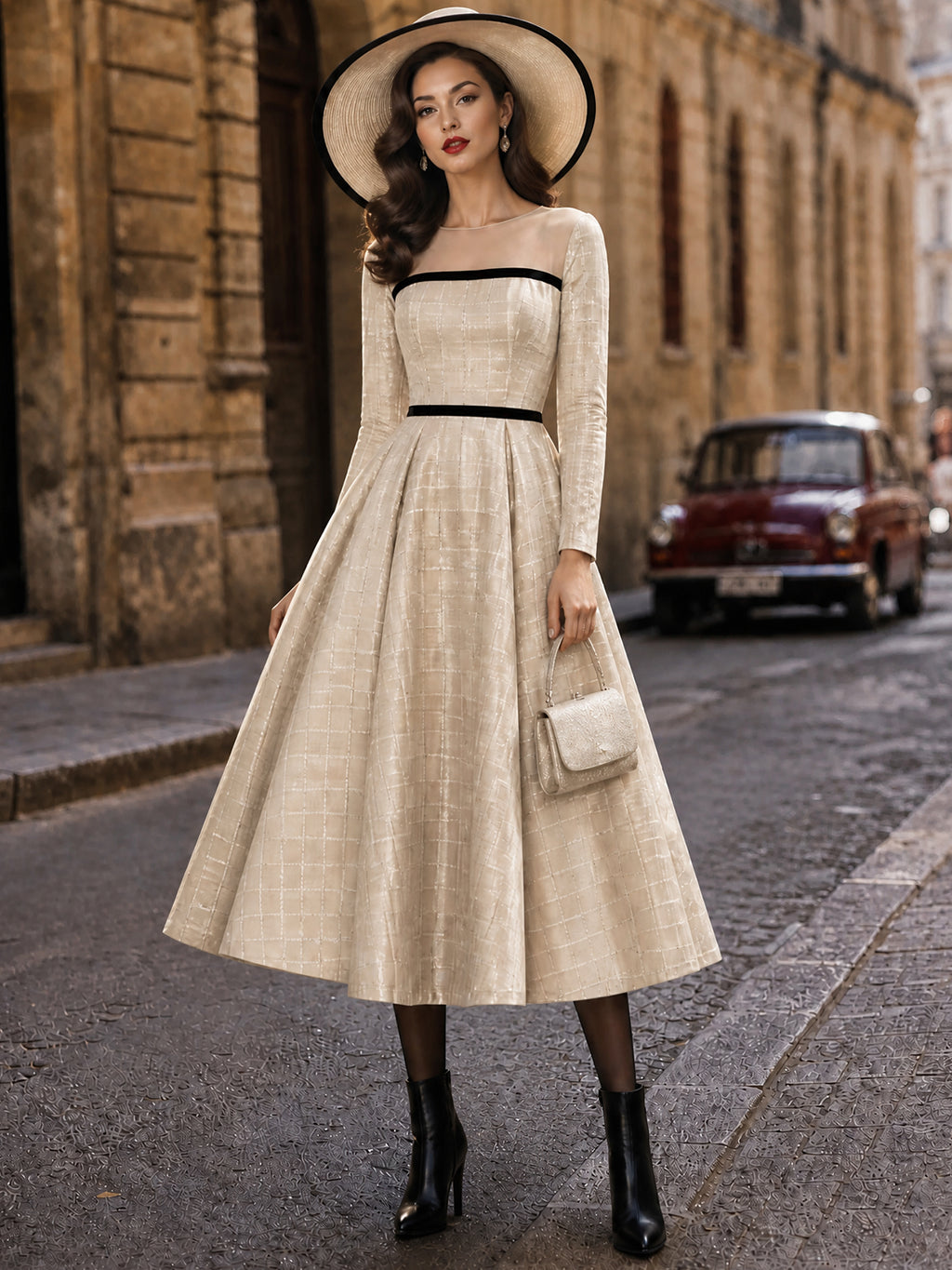 Vintage Cream Windowpane Illusion-Neck Black-Trim A-Line Dress