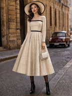 Vintage Cream Windowpane Illusion-Neck Black-Trim A-Line Dress