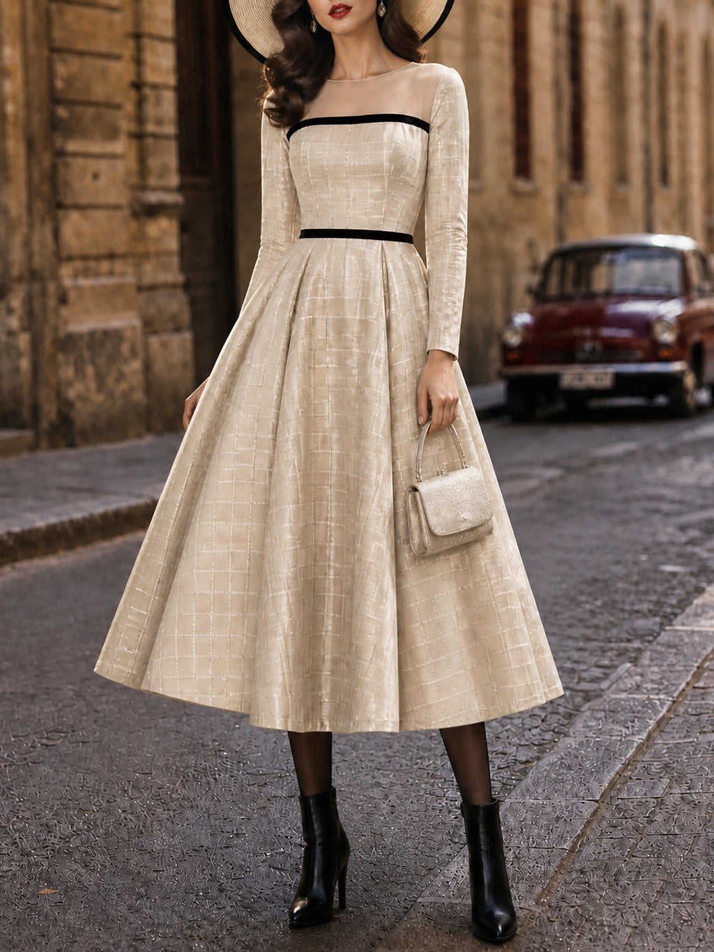 Vintage Cream Windowpane Illusion-Neck Black-Trim A-Line Dress