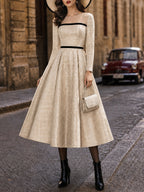 Vintage Cream Windowpane Illusion-Neck Black-Trim A-Line Dress